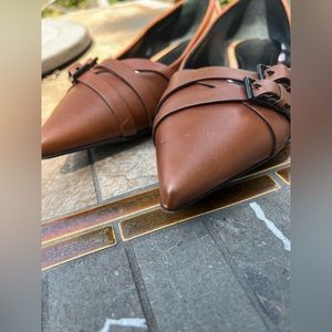 Burberry Brown Leather and Novacheck Canvas  Pointed Toe Ballet Flats Size 8.5